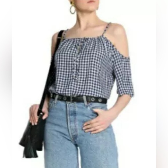 Velvet by graham & Spencer Nedra cold shoulder gingham top black/white Sz.L - Picture 11 of 11